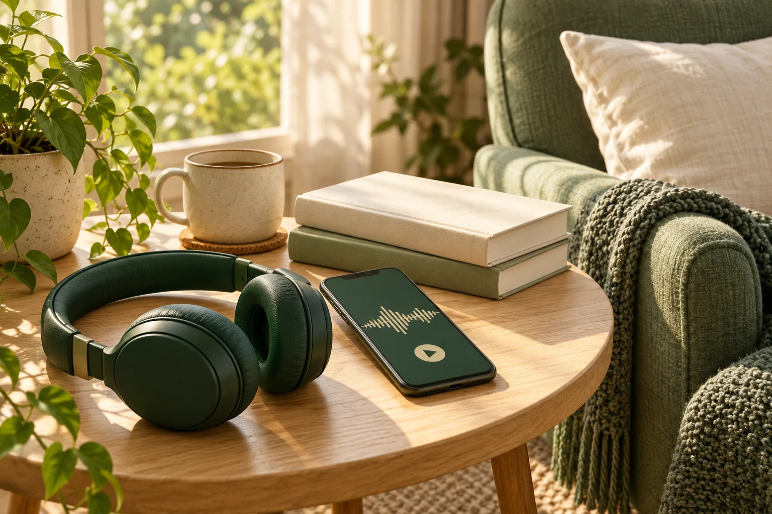 Headphones and audiobook player in a cosy reading corner