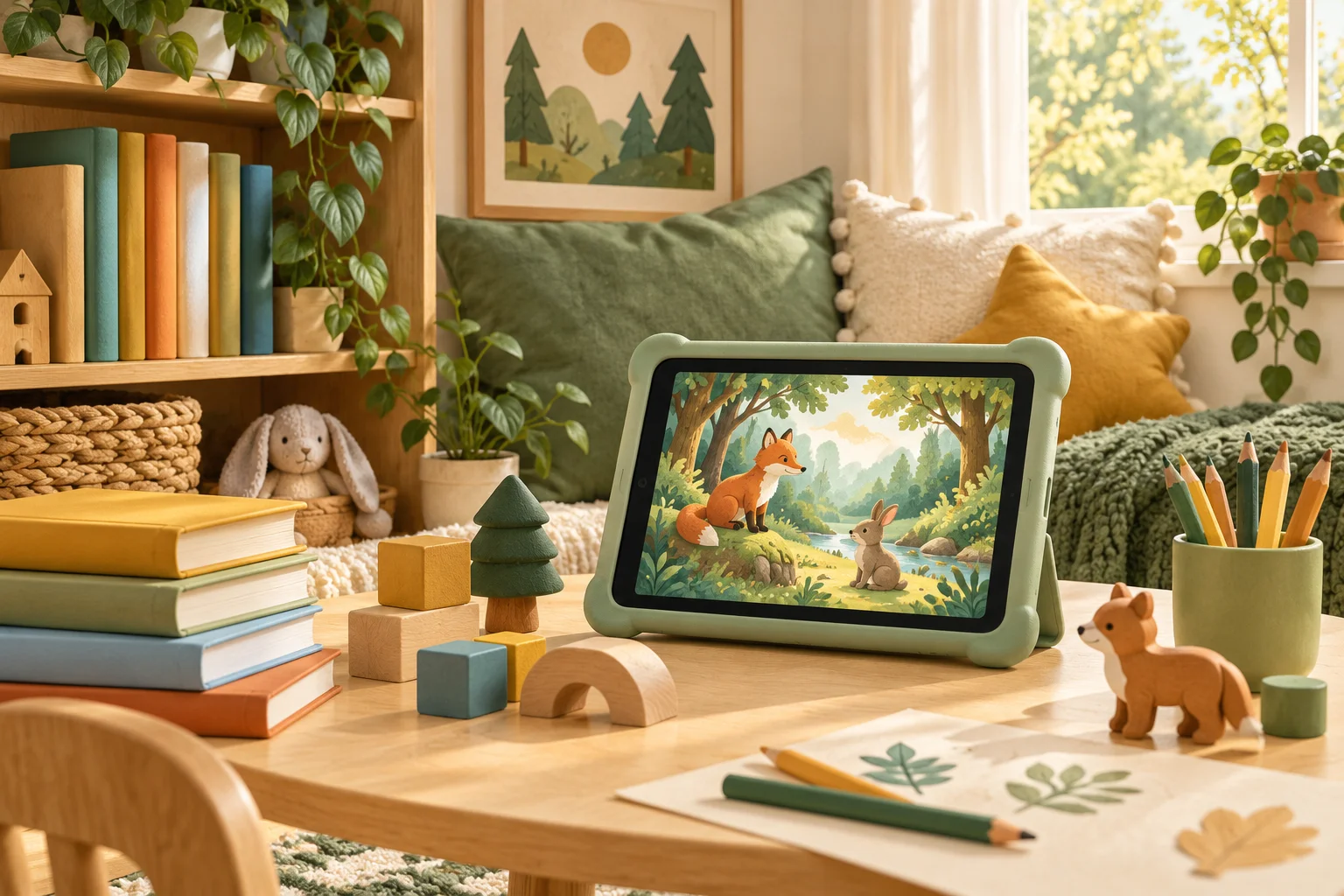 A tablet, children’s books and wooden toys in a reading corner