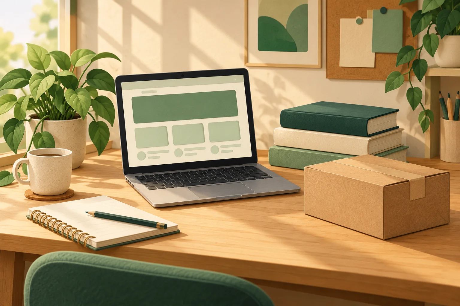Student desk with textbooks, a laptop and delivery parcel