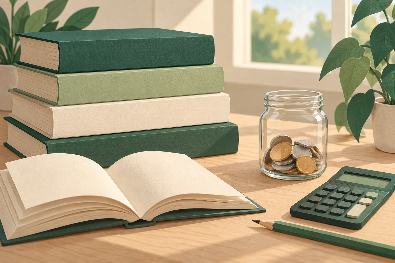 Illustration of books, a calculator and a savings jar